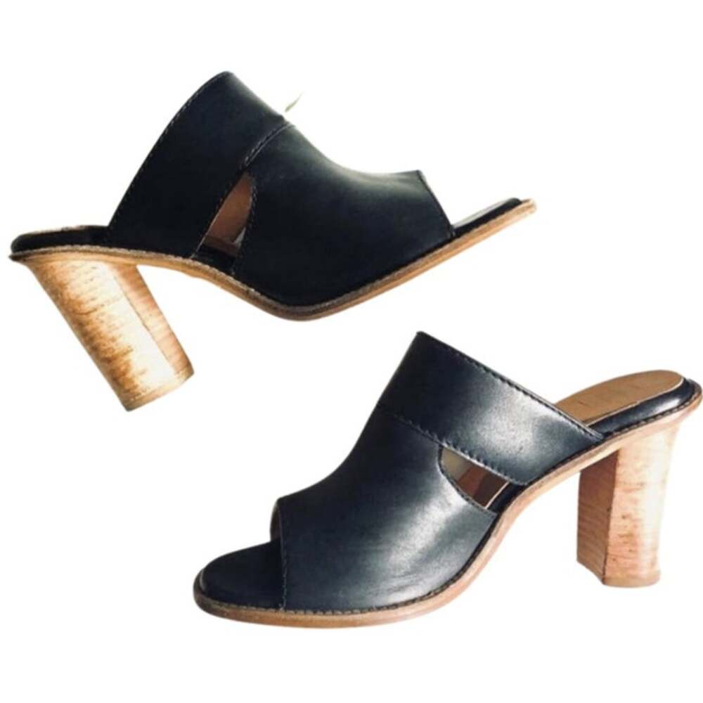 SEY Collection Black Tan Leather Mule Slide Open Toe Chunky Block Heel Shoes 9